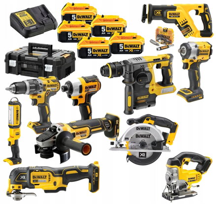 Kombinovaná súprava Dewalt 10 kusov náradia + kufor 5x 18V nabíjačka batérií
