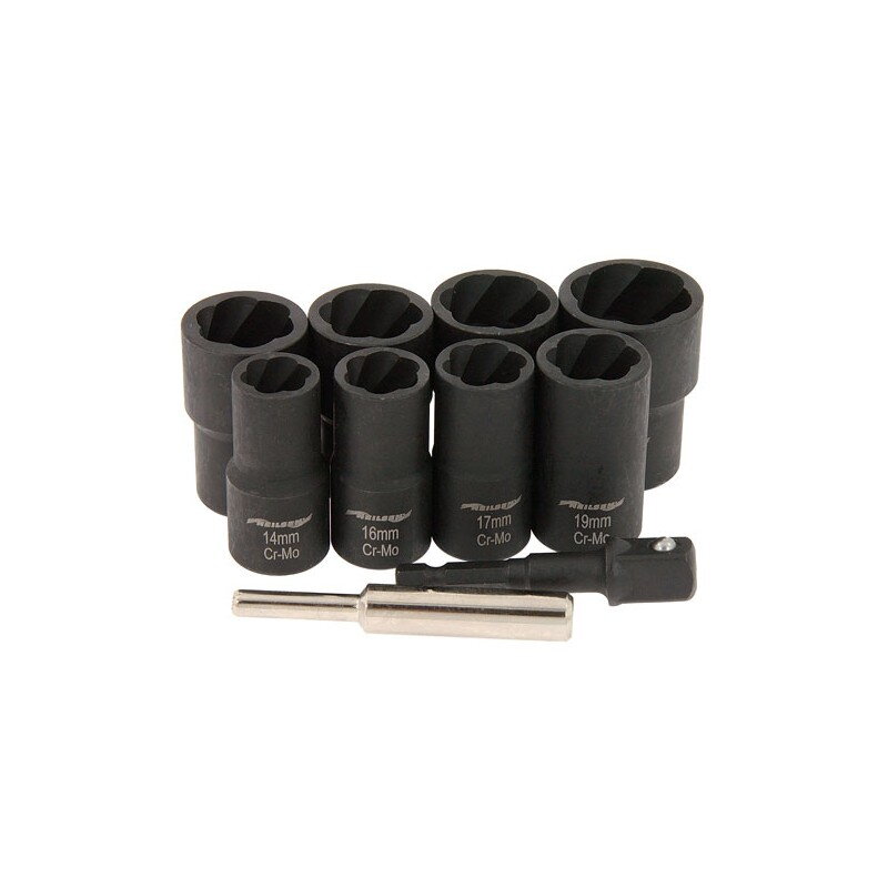 Hlavice na poškodené strhnuté skrutky a matice 14 – 27 mm 1/2" 10-dielna sada Neilsen – Profesionálna sada hlavíc a kľúčov na strhnuté a poškodené skrutky 1/2" (CT7121)